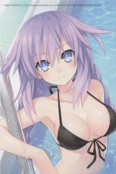 Rule 34 | 10s, 1girl, absurdres, bikini, bikini top only, black bikini, blue eyes, braid, breasts, choujigen game neptune, cleavage, female focus, front-tie top, highres, light smile, long hair, neptune (neptunia), neptune (series), official art, partially submerged, pool, pool ladder, purple hair, purple heart (neptunia), shiny skin, smile, solo, swimsuit, symbol-shaped pupils, tsunako, twin braids, twintails, very long hair