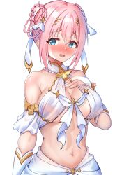 Rule 34 | 1girl, absurdres, blue eyes, breasts, craig (2980ct), gloves, hand on own chest, highres, large breasts, navel, pink hair, princess connect!, simple background, white gloves, yui (ceremonial) (princess connect!), yui (princess connect!)