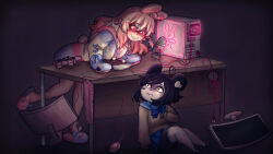 Rule 34 | 2girls, absurdres, ahoge, album cover, animal slippers, asymmetrical footwear, black hair, blue bow, blue bowtie, blue sailor collar, blue skirt, bow, bowtie, braid, bunny slippers, coat, colored skin, commission, computer, computer tower, controller, cover, desk, eyes in shadow, facial mark, game controller, glowing, glowing eyes, grey skin, hair ornament, heart, heart facial mark, heart hair ornament, highres, holding, holding knife, impopentti, kenny (ken ashcorp), knife, long hair, microphone, monitor, mouse (computer), multicolored coat, multiple girls, multiple monitors, original, panda girl, phase connect, pink eyes, pink hair, pipkin pippa, pipkin pippa (1st costume), pleated skirt, rabbit girl, rabbit hair ornament, rabbit tail, sailor collar, school uniform, serafuku, skirt, sleeves past fingers, sleeves past wrists, slippers, smile, sweatdrop, tail, thighhighs, virtual youtuber, white thighhighs