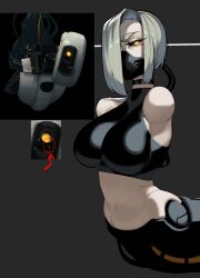 Rule 34 | 1girl, arrow (symbol), black choker, black sclera, breasts, cable, choker, colored sclera, commentary, covered mouth, crop top, english commentary, glados, glowing, glowing eye, grey hair, hair over one eye, half-closed eye, halterneck, highres, krekkov, large breasts, looking at viewer, mask, missing limb, mole, mole under eye, mouth mask, navel, no pupils, pale skin, personification, portal, portal (series), portal 2, short hair, solo, torso, yellow eyes