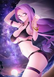 Rule 34 | 1girl, bare shoulders, bikini, black bikini, bracelet, breasts, cleavage, closed mouth, collarbone, fate/stay night, fate (series), forehead, glasses, highres, jewelry, large breasts, long hair, looking at viewer, medusa (fate), medusa (rider) (fate), minami koyogi, navel, ocean, parted bangs, purple eyes, purple hair, purple sky, sidelocks, sky, square pupils, star (sky), starry sky, sunset, swimsuit, thigh strap, thighs, very long hair