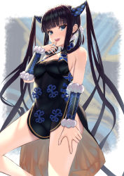 Rule 34 | 1girl, artist request, bare shoulders, black dress, blue eyes, blunt bangs, blush, breasts, china dress, chinese clothes, cleavage, covered navel, detached sleeves, dress, fate/grand order, fate (series), finger to mouth, hair ornament, highres, long hair, looking at viewer, medium breasts, open mouth, purple hair, side slit, sidelocks, smile, solo, thighs, twintails, very long hair, yang guifei (fate), yang guifei (second ascension) (fate)