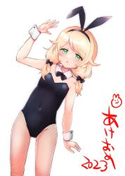 Rule 34 | 1girl, 2023, animal ears, black bow, black bowtie, black leotard, blonde hair, bow, bowtie, breasts, child, commentary request, covered navel, detached collar, dodotsuki, dot nose, fake animal ears, fishnets, green eyes, groin, hair bow, hair flaps, half-closed eyes, hand up, highleg, highleg leotard, highres, idolmaster, idolmaster cinderella girls, leotard, light blush, looking at viewer, low twintails, medium hair, open mouth, playboy bunny, rabbit ears, small breasts, solo, thighs, translation request, twintails, white background, wrist cuffs, yusa kozue