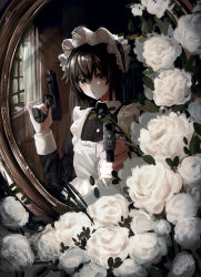 Rule 34 | 1girl, apron, black dress, black hair, commentary request, curtains, dress, dual wielding, flower, gun, handgun, highres, holding, holding gun, holding weapon, indoors, long hair, long sleeves, looking at viewer, maid, maid apron, maid headdress, mirror, original, puffy long sleeves, puffy sleeves, rose, senakira, solo, upper body, weapon, white apron, white flower, white rose, window
