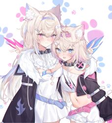 Rule 34 | 2girls, animal ear fluff, animal ears, belt, black collar, black jacket, blonde hair, blue belt, blue eyes, blue hair, blush, breasts, cleavage cutout, closed mouth, clothing cutout, collar, cropped jacket, cropped shirt, dog ears, dog girl, fake claws, fur-trimmed jacket, fur trim, fuwawa abyssgard, fuwawa abyssgard (1st costume), hair ornament, hairpin, headphones, headphones around neck, highres, hololive, hololive english, jacket, kjo (kjobutcool), large breasts, midriff, mococo abyssgard, mococo abyssgard (1st costume), multicolored hair, multiple girls, navel, open mouth, pink belt, pink eyes, pink hair, shirt, short shorts, shorts, siblings, sisters, small breasts, smile, spiked collar, spikes, streaked hair, twins, virtual youtuber, white shirt, white shorts, x hair ornament