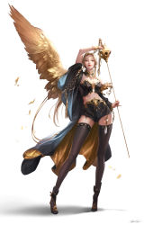 Rule 34 | 1girl, absurdres, arm up, black thighhighs, blonde hair, breasts, cleavage, contrapposto, detached collar, earrings, full body, grey eyes, high heels, highres, holding, holding weapon, incredibly absurdres, jewelry, lizchief, long hair, looking at viewer, medium breasts, midriff, off shoulder, original, parted lips, rapier, signature, simple background, single earring, single wing, solo, standing, sword, thighhighs, thighs, weapon, white background, wings