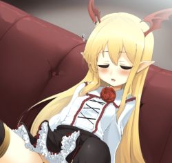 Rule 34 | 1girl, bat wings, black skirt, black thighhighs, blonde hair, blush, breasts, closed eyes, commentary request, couch, dutch angle, facing viewer, flower, frilled skirt, frills, hair between eyes, head wings, long hair, momio, on couch, parted lips, pointy ears, red flower, red rose, red wings, rose, shingeki no bahamut, shirt, sitting, skirt, sleeping, small breasts, solo, thighhighs, vampy, very long hair, white shirt, wings