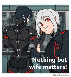 Rule 34 | 2girls, android, ariane yeong, ass, black hair, cyberpunk, elster (signalis), joints, mechanical parts, metal skin, multiple girls, piethepiegod, red eyes, robot girl, robot joints, science fiction, short hair, signalis, smile, spacecraft interior, thumbs up, white hair