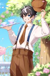 Rule 34 | 1boy, black hair, blue eyes, blue sky, brown hat, brown necktie, brown pants, buttons, cabbie hat, chair, charlemagne (fate), collared shirt, commentary request, fate/grand order, fate (series), flower, grin, hair between eyes, hat, highres, holding, holding clothes, holding hat, holding tray, long sleeves, looking at viewer, male focus, multicolored hair, necktie, official alternate costume, one eye closed, pants, petals, pink flower, pink rose, pointy hair, rose, sakuraike, shirt, short hair, sky, smile, solo, streaked hair, suspenders, table, teeth, tray, tree, two-tone hair, unworn hat, unworn headwear, white hair, white shirt