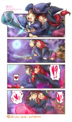 Rule 34 | !?, 10s, 4koma, absurdres, age difference, aged down, blush, breasts, brown hair, child, comic, flat chest, glasses, grabbing, grabbing another&#039;s breast, hat, highres, kagari atsuko, little witch academia, red hair, shiny chariot, sweat, teacher and student, watermark, witch, witch hat, yuri, yuriwhale