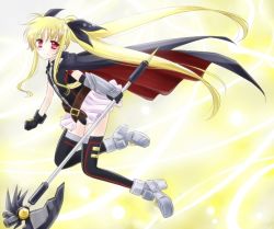 Rule 34 | 1girl, bardiche (axe form) (nanoha), bardiche (nanoha), belt, blonde hair, cape, fate testarossa, fate testarossa (lightning form) (2nd), female focus, full body, gradient background, hachikei, hair ribbon, lyrical nanoha, mahou shoujo lyrical nanoha, mahou shoujo lyrical nanoha a&#039;s, mahou shoujo lyrical nanoha the movie 2nd a&#039;s, red eyes, ribbon, skirt, solo, thighhighs, twintails, white background