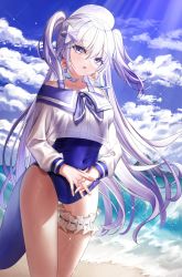 Rule 34 | 1girl, absurdres, beach, blue eyes, blue sky, blush, bow, breasts, bridal garter, choi2494, covered navel, crop top, day, earrings, fish earrings, hair ornament, highres, jewelry, large breasts, legwear garter, long hair, long sleeves, looking at viewer, ocean, off shoulder, one-piece swimsuit, open mouth, original, own hands together, sky, swimsuit, tail, very long hair, white hair