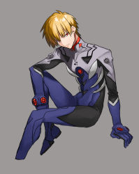 Rule 34 | 1boy, bad id, bad pixiv id, blonde hair, blue bodysuit, blue gloves, bodysuit, closed mouth, cosplay, cropped legs, fate/stay night, fate (series), gilgamesh (fate), gloves, grey background, highres, invisible chair, looking at viewer, male focus, nagisa kaworu, nagisa kaworu (cosplay), neon genesis evangelion, none (kameko227), plugsuit, rebuild of evangelion, red eyes, simple background, sitting, solo