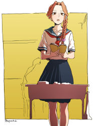 Rule 34 | 1girl, aged down, alternate costume, asymmetrical hair, book, bow, braid, brown eyes, collarbone, commentary request, cowboy shot, desk, hair bow, highres, holding, holding book, idolmaster, idolmaster cinderella girls, indoors, legs, looking at book, neckerchief, open mouth, orange hair, pink bow, reading, red neckerchief, curtained hair, sailor collar, sailor shirt, school, school desk, school uniform, shirt, side braid, sidelocks, sketch, solo focus, standing, twitter username, watanukin (etson122127), yellow background, zaizen tokiko