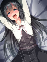 Rule 34 | 1girl, asashio (kancolle), bed, black hair, blackcony, blazer, blue eyes, commentary request, cowboy shot, dress, drooling, highres, implied sex, jacket, kantai collection, long hair, long sleeves, lying, motion lines, neck ribbon, open mouth, pinafore dress, red ribbon, ribbon, saliva, sexually suggestive, sleeveless, sleeveless dress, solo, speed lines, tongue, tongue out, very long hair
