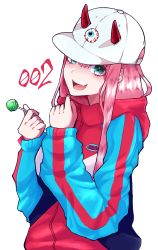Rule 34 | 10s, 1girl, absurdres, aqua eyes, baseball cap, candy, casual, commentary request, darling in the franxx, fang, food, hat, highres, holding, holding food, hood, hood down, hoodie, horns, lollipop, looking at viewer, open mouth, pink hair, red horns, solo, yoshi2 oide, zero two (darling in the franxx)