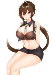 Rule 34 | 1girl, absurdres, antenna hair, arms behind back, bare arms, bare shoulders, black skirt, breasts, brown hair, brown shirt, cleavage, crop top, cropped vest, detached collar, earrings, eyeshadow, genderswap, genderswap (mtf), genshin impact, highres, invisible chair, jewelry, large breasts, long hair, looking at viewer, low ponytail, makeup, mapyarong, microskirt, midriff, navel, necktie, parted lips, revealing clothes, shirt, short necktie, sitting, skirt, sleeveless, sleeveless shirt, solo, stomach, thighs, very long hair, vest, yellow eyes, zhongli (genshin impact)