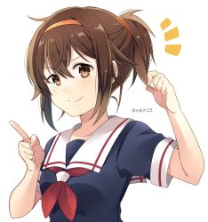 Rule 34 | &gt;:), 10s, 1girl, alternate hairstyle, bad id, bad twitter id, brown eyes, brown hair, commentary request, hand in own hair, index finger raised, kantai collection, neckerchief, school uniform, serafuku, shiratsuyu (kancolle), short ponytail, smile, solo, twitter username, v-shaped eyebrows, white background, yukichi (eikichi)