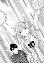 Rule 34 | 1boy, 1girl, 2022, :|, arms up, blunt bangs, blush, breasts, butterfly hair ornament, cheering, cheerleader, closed eyes, closed mouth, dutch angle, embarrassed, frown, full-face blush, go-toubun no hanayome, hair ornament, highres, kosmos beta, large breasts, looking at another, medium hair, monochrome, nakano nino, open mouth, pom pom (cheerleading), portuguese commentary, shirt, short hair, short sleeves, sidelocks, simple background, sweatdrop, two side up, uesugi fuutarou, v-shaped eyebrows, white background, world cup