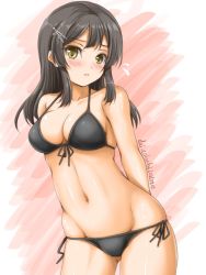 Rule 34 | 1girl, akimoto dai, arms behind back, bikini, black bikini, black hair, breasts, cleavage, collarbone, commentary request, cowboy shot, flying sweatdrops, front-tie top, grey eyes, groin, hair ornament, hairclip, halterneck, highres, kantai collection, long hair, looking at viewer, medium breasts, navel, one-hour drawing challenge, oyashio (kancolle), side-tie bikini bottom, solo, string bikini, swimsuit