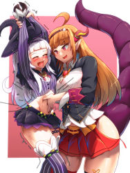 Rule 34 | 2girls, ahoge, bakasp-lilzy, poking belly, blush, breasts, cleavage, dragon horns, dragon tail, female focus, hat, height difference, held up, highres, holding another&#039;s wrist, hololive, horns, kiryu coco, large breasts, long hair, midriff, miniskirt, multiple girls, murasaki shion, navel, orange hair, purple eyes, side slit, size difference, skirt, tail, thick thighs, thighs, virtual youtuber, white hair, witch, witch hat, yellow eyes, yuri