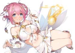 Rule 34 | 1girl, 92m, bare shoulders, blue eyes, blush, braid, braided hair rings, breasts, cleavage, criss-cross halter, fireball, hair ribbon, hair rings, halterneck, large breasts, looking at viewer, navel, open mouth, pink hair, princess connect!, ribbon, short hair, skirt, smile, solo, twin braids, white skirt, yui (ceremonial) (princess connect!), yui (princess connect!)
