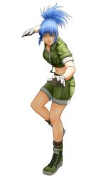 Rule 34 | 1girl, black gloves, blue eyes, blue hair, boots, breast pocket, closed mouth, commentary request, cropped jacket, fighting stance, full body, gloves, green shorts, highres, jacket, leona heidern, lips, midriff, military, military uniform, pocket, short sleeves, shorts, simple background, socks, solo, standing, the king of fighters, uniform, white background, x chitch