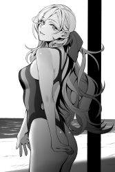 Rule 34 | 1girl, ass, bare arms, bare legs, bare shoulders, beach, closed mouth, competition swimsuit, cowboy shot, greyscale, highres, kantai collection, lips, mole, mole under eye, mole under mouth, monochrome, ocean, one-piece swimsuit, richelieu (kancolle), shingyou (alexander-13), solo, swimsuit