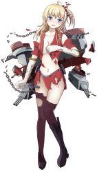 Rule 34 | 10s, 1girl, ahoge, aoiakamaou, asymmetrical footwear, asymmetrical legwear, black thighhighs, blonde hair, blue eyes, blush, breasts, cannon, chain, collarbone, damaged, elbow gloves, full body, gloves, hair ribbon, kantai collection, looking at viewer, mecha musume, military, military uniform, miniskirt, mismatched footwear, mismatched legwear, navel, no bra, open mouth, original, ribbon, side ponytail, simple background, skirt, sleeveless, solo, tears, thighhighs, torn clothes, torn gloves, torn skirt, torn thighhighs, turret, uneven legwear, uniform, vest, white background, white gloves