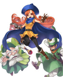 Rule 34 | 1girl, 2boys, alena (dq4), bald, beard, boots, breasts, brey, cape, claw (weapon), clift, curly hair, dragon quest, dragon quest iv, dress, earrings, facial hair, full body, gloves, hat, holding, holding staff, jewelry, long hair, looking at viewer, medium breasts, mitre, multiple boys, mustache, old, old man, open mouth, orange hair, pants, pantyhose, reaching, reaching towards viewer, red eyes, short sleeves, simple background, staff, strap, weapon, white background, white hair, wizard, yapo (croquis side)