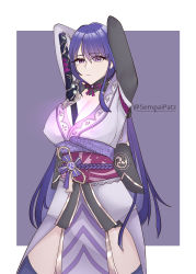 Rule 34 | 1girl, absurdres, arms up, breasts, cleavage, closed mouth, commentary, english commentary, eyes visible through hair, genshin impact, hair ornament, highres, japanese clothes, katana, kimono, large breasts, long hair, looking at viewer, mole, mole under eye, purple background, purple eyes, purple hair, raiden shogun, ribbon, sash, sempaipatz, solo, sword, tassel, twitter username, vision (genshin impact), weapon, white background