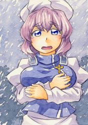Rule 34 | 1girl, blue eyes, blush, breasts, dress, embarrassed, female focus, hat, jewelry, kawachi koorogi, large breasts, letty whiterock, light purple hair, looking at viewer, marker (medium), open mouth, short hair, solo, tears, touhou, traditional media