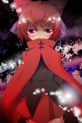 Rule 34 | 1girl, arms behind back, blouse, bow, cape, hair bow, light particles, looking at viewer, multicolored background, no mouth, red eyes, red hair, sekibanki, shiozuke, shirt, skirt, touhou