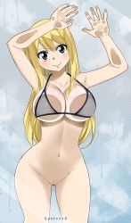 Rule 34 | 1girl, absurdres, against glass, artist name, bikini, blonde hair, blush, bottomless, breast press, breasts, brown eyes, cleavage, collarbone, fairy tail, gaston18, highres, large breasts, long hair, looking at viewer, lucy heartfilia, navel, pussy, shower, smile, solo, stomach, swimsuit, thighs, uncensored, white bikini, wide hips