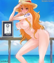 Rule 34 | 1girl, ass, bad id, bad pixiv id, breasts, dated, ginko (silver fox), hat, hip focus, long hair, long legs, nami (one piece), navel, nipples, nude, ocean, one piece, orange eyes, orange hair, outdoors, revision, solo, stomach, straw hat, tattoo, thighs, watermark, web address