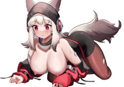Rule 34 | 1girl, absurdres, all fours, animal ears, arknights, ass, bare shoulders, black headwear, black skirt, blush, breasts, breasts out, brown pantyhose, closed mouth, colored tips, dishui tangni, embarrassed, fox ears, fox tail, frostleaf (arknights), grey hair, highres, jacket, large breasts, long hair, looking at breasts, multicolored hair, nipples, off shoulder, pantyhose, pencil skirt, red eyes, skirt, solo, sweat, tail, thighs, torn clothes, torn pantyhose, transparent background