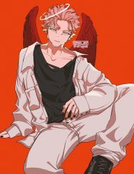 Rule 34 | 1boy, black nails, black shirt, blonde hair, blouse, boku no hero academia, boots, casual, collarbone, facial hair, feathered wings, feathers, forked eyebrows, halo, hawks (boku no hero academia), highres, looking at viewer, male focus, nail polish, open clothes, open fly, open shirt, red feathers, shirt, simple background, sleeves past wrists, solo, spread legs, twitter username, viol vrt, wings