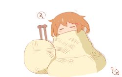 Rule 34 | 10s, 1girl, blanket, brown hair, closed eyes, commentary request, hair ornament, hairclip, hanomido, ikazuchi (kancolle), kantai collection, knitting needle, lying, mini person, minigirl, needle, on back, short hair, sleeping, solo, yarn, yarn ball, zzz