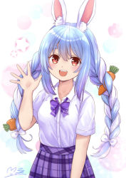 Rule 34 | 1girl, :d, animal ear fluff, animal ears, blouse, blue hair, blush, bow, bowtie, braid, carrot, checkered clothes, checkered skirt, collarbone, collared shirt, cowboy shot, hair between eyes, hair bow, hair over shoulder, hand up, hololive, long hair, looking at viewer, m ko (maxft2), multicolored hair, open mouth, pleated skirt, purple bow, purple bowtie, purple skirt, rabbit ears, red eyes, shirt, short sleeves, signature, simple background, skirt, smile, solo, spread fingers, standing, teeth, thick eyebrows, twin braids, uniform, upper teeth only, usada pekora, virtual youtuber, waving, white bow, white hair, white shirt