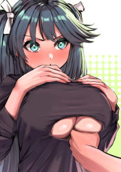 Rule 34 | 1girl, alternate costume, black sweater, blue eyes, blue hair, blush, grabbing another&#039;s breast, breasts, cleavage, clothing cutout, grabbing, hair ribbon, highres, huge breasts, isuzu (kancolle), kantai collection, long hair, nose blush, open mouth, ribbon, simple background, solo focus, sweat, sweater, takahashi meishin, twintails, two-tone background, underboob cutout, upper body