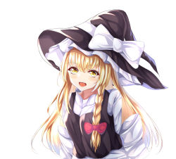 Rule 34 | 1girl, 7saki, :d, absurdres, bad id, bad pixiv id, black hat, blonde hair, blush, bow, braid, floating hair, gradient hair, hair between eyes, hair bow, hat, hat bow, highres, kirisame marisa, long hair, long sleeves, multicolored hair, open mouth, red bow, silver hair, simple background, single braid, smile, solo, touhou, upper body, very long hair, white background, white bow, witch hat, yellow eyes