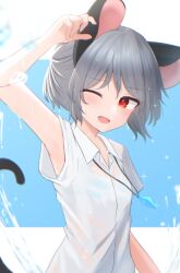 1girl animal_ears arm_up armpits blue_background blush collared_shirt commentary_request dakuazu grey_hair mouse_ears mouse_girl mouse_tail nazrin one_eye_closed open_mouth puffy_short_sleeves puffy_sleeves red_eyes see-through_clothes see-through_shirt shirt short_hair short_sleeves simple_background smile solo tail touhou two-tone_background upper_body water wet wet_clothes white_background white_shirt