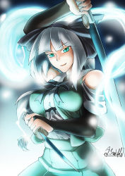 Rule 34 | 1girl, adapted costume, aged up, arm up, bare shoulders, black bow, black bowtie, black ribbon, bow, bowtie, breasts, bridal gauntlets, green skirt, green vest, hair ribbon, hairband, highres, katana, konpaku youmu, konpaku youmu (ghost), large breasts, looking at viewer, parted lips, ribbon, ryuuno stadtfeld, scabbard, sheath, sheathed, signature, silver hair, skirt, skirt set, slit pupils, smile, solo, sword, touhou, unsheathed, upper body, vest, wakizashi, weapon