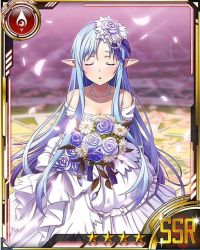 Rule 34 | 10s, 1girl, asuna (sao), asuna (sao-alo), bare shoulders, blue flower, blue hair, bouquet, breasts, card (medium), cherry blossoms, cleavage, collarbone, dress, closed eyes, flower, holding, holding bouquet, long hair, medium breasts, necktie, solo, star (symbol), sword art online, waiting for kiss, wedding dress, white dress, white flower