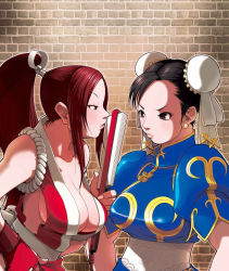 Rule 34 | 2girls, bare shoulders, black eyes, black hair, breasts, brown hair, bun cover, capcom, china dress, chinese clothes, chun-li, cleavage, folded fan, confrontation, crossover, double bun, dress, earrings, eye contact, eyeshadow, falcoon, fatal fury, folding fan, hand fan, jewelry, large breasts, lips, long hair, looking at another, makeup, multiple girls, no bra, ponytail, red hair, rope, sash, shiranui mai, sideboob, snk, street fighter, svc chaos, the king of fighters