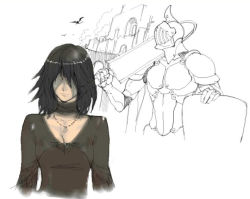 Rule 34 | 1girl, androgynous, armor, black hair, breasts, choker, cleavage, demon&#039;s souls, dress, from software, helmet, jewelry, knight, maiden in black, necklace, oda non, outdoors, partially colored, shield, short hair, sword, upper body, weapon, white background