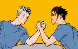 Rule 34 | 2boys, akaashi keiji, arm wrestling, black hair, blue shirt, bokuto koutarou, character mask, chengongzi123, closed mouth, facing another, grey hair, haikyuu!!, hand up, highres, looking at another, male focus, mask, multicolored hair, multiple boys, shirt, short hair, short sleeves, simple background, streaked hair, t-shirt, table, upper body, ushijima wakatoshi, very short hair, yellow background, yellow eyes