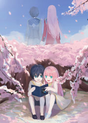 Rule 34 | 10s, 1boy, 1girl, bare shoulders, black footwear, black hair, blue eyes, blue sky, book, cherry blossoms, child, chu dengdeng, cloud, cloudy sky, collarbone, commentary request, couple, darling in the franxx, day, dual persona, green eyes, hetero, hiro (darling in the franxx), holding, holding book, holding hands, huge filesize, long hair, long sleeves, military, military uniform, no socks, open book, open mouth, petals, pink hair, purple footwear, reincarnation, shirt, shoes, short hair, shorts, sitting, sky, sleeveless, sleeveless shirt, spoilers, tree, uniform, white footwear, white shirt, zero two (darling in the franxx)