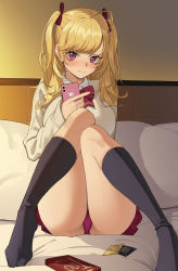 Rule 34 | 1girl, blonde hair, blush, bow, bowtie, cardigan, cellphone, closed mouth, condom, condom wrapper, copyright request, goumudan, hair ribbon, highres, holding, holding phone, kneehighs, looking at viewer, nijisanji, panties, pantyshot, phone, pink eyes, pink panties, red bow, red bowtie, red ribbon, red skirt, ribbon, short hair, sitting, skirt, socks, solo, takamiya rion, thighs, twintails, underwear, virtual youtuber, wavy mouth, white cardigan
