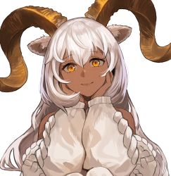 Rule 34 | 1girl, adamosina, animal ears, arknights, bare shoulders, beeswax (arknights), beeswax (weisser sand) (arknights), closed mouth, detached sleeves, goat ears, goat horns, hands on own cheeks, hands on own face, highres, horns, long hair, long sleeves, looking at viewer, official alternate costume, orange eyes, simple background, smile, solo, unfinished, upper body, very long hair, white background, white hair